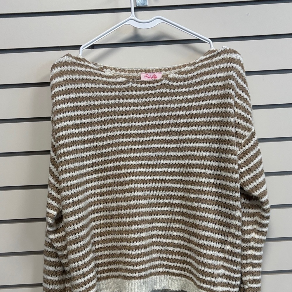 Pink Rose Off-the-Shoulder Brown and Cream Sweater